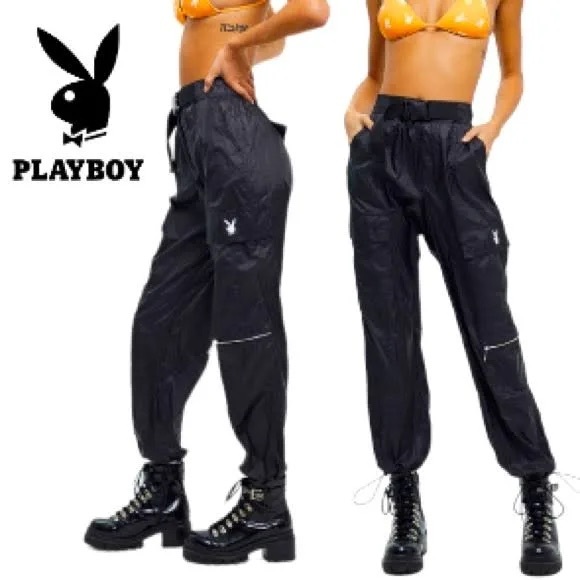 NWOT Playboy Nylon Cargo Pants Windbreaker Black High-Rise Belt Pocket Women’s S - Picture 6 of 7